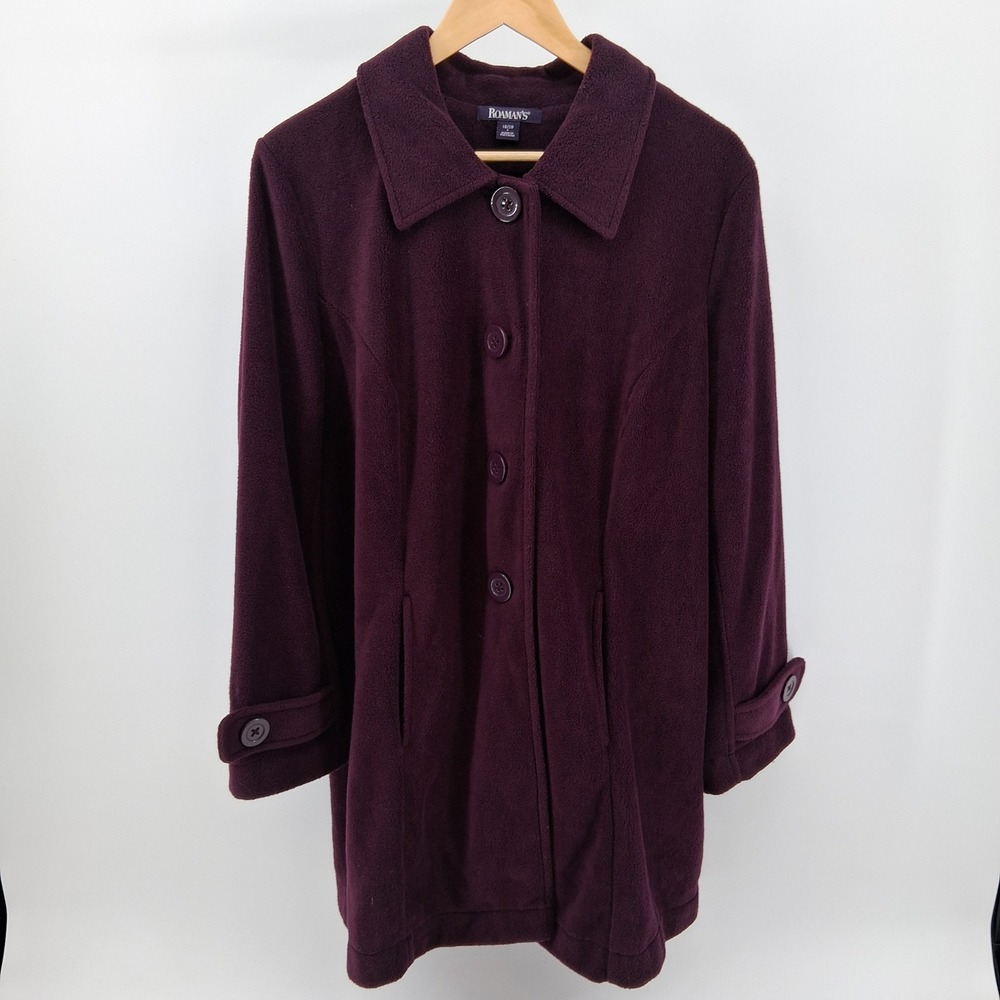 Roaman's Womens Fleece Coat Jacket Plum Purple Button Front Pockets‎ Size 18/20